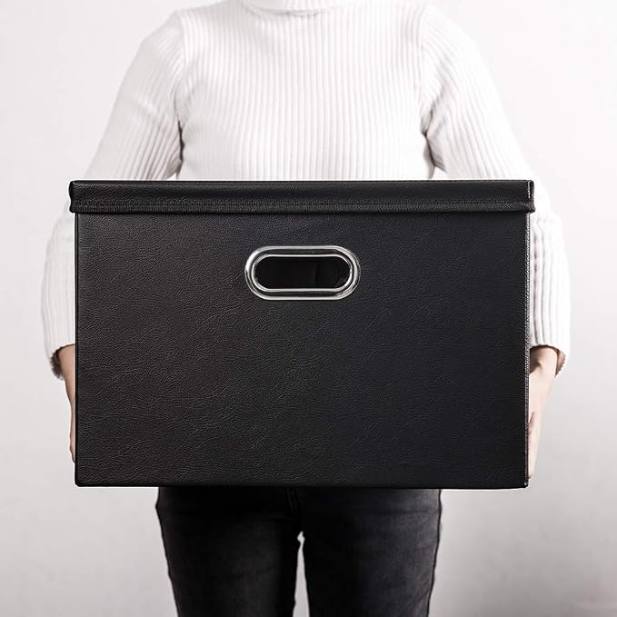 PRANDOM Large Foldable Storage Bins with Lids [3-Pack] Leather Fabric Collapsible Storage Boxes Organizer Containers Baskets Cube with Cover for Home Bedroom Closet Office Black(17.7x11.8x11.8)