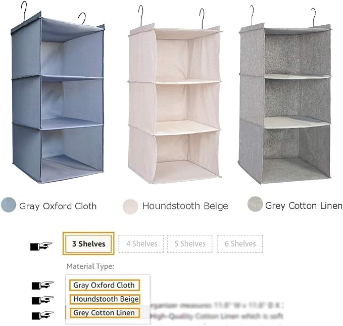 Hanging Closet Organizer 3-Tier, Oxford Wardrobe Storage, Beige Houndstooth | Easy-mount foldable design holds clothes, handbags, shoes & accessories; washable Oxford fabric, sturdy and space-saving.
