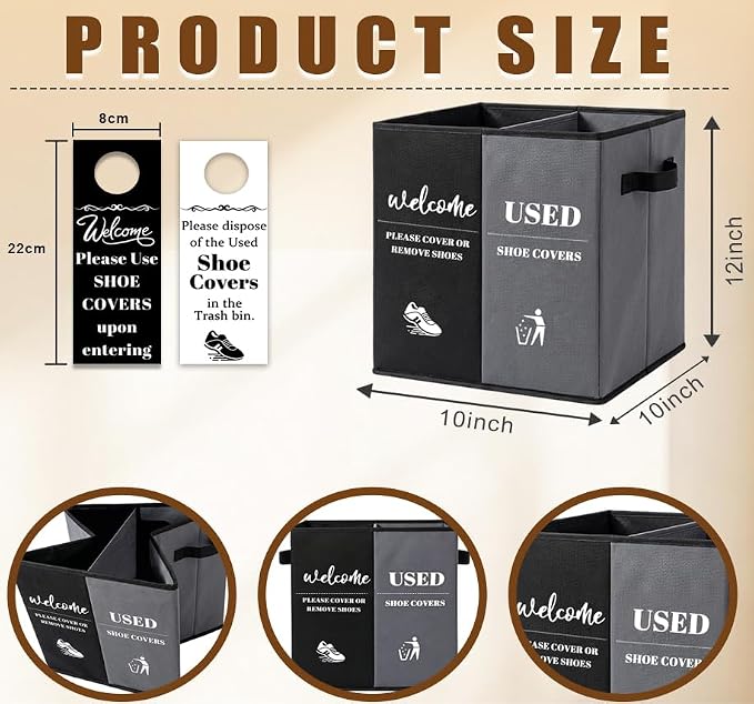 Shoe Cover Box with Door Hanging Sign – Foldable Double Compartment Storage Bin, Freestanding Dispenser Organizer for Home, Office, Entryway (Dark Gray)