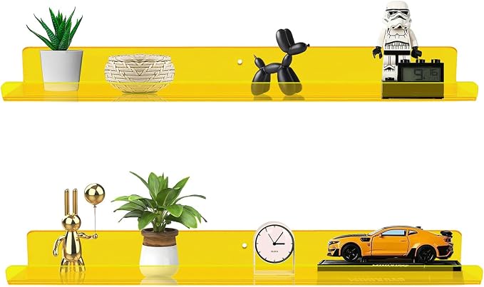 ROYALITA 2-Pack Acrylic Shelves Wall Mounted, 24 Inch Floating Shelves | for Small Items Plants Organize Wall Shelves for Gaming Room, Bedroom, Living Room, Office, Yellow