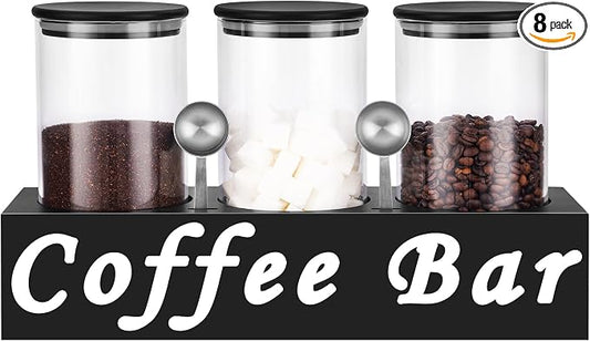 ZOMUIA Glass Coffee Containers Airtight Coffee Bean Storage Jars with Shelf, 3Pcs 44oz Coffee Station Organizer Coffee Canisters, Kitchen Food Storage Jars for Sugar, Candy, Oats, Nuts (BLACK)