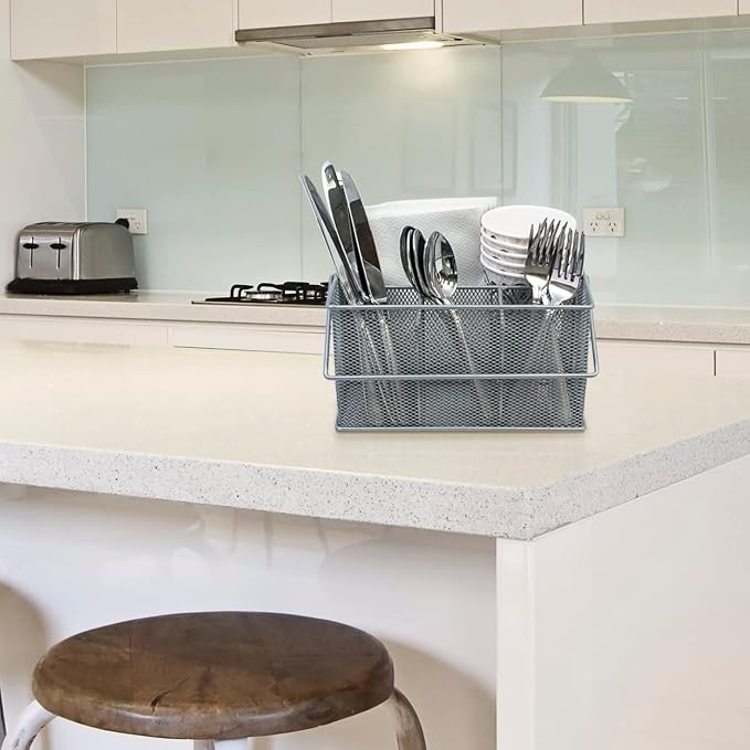 Sorbus® Utensil Caddy — Silverware, Napkin Holder, and Condiment Organizer — Multi-Purpose Steel Mesh Caddy—Ideal for Kitchen, Dining, Entertaining, Tailgating, Picnics, and much more (Silver)