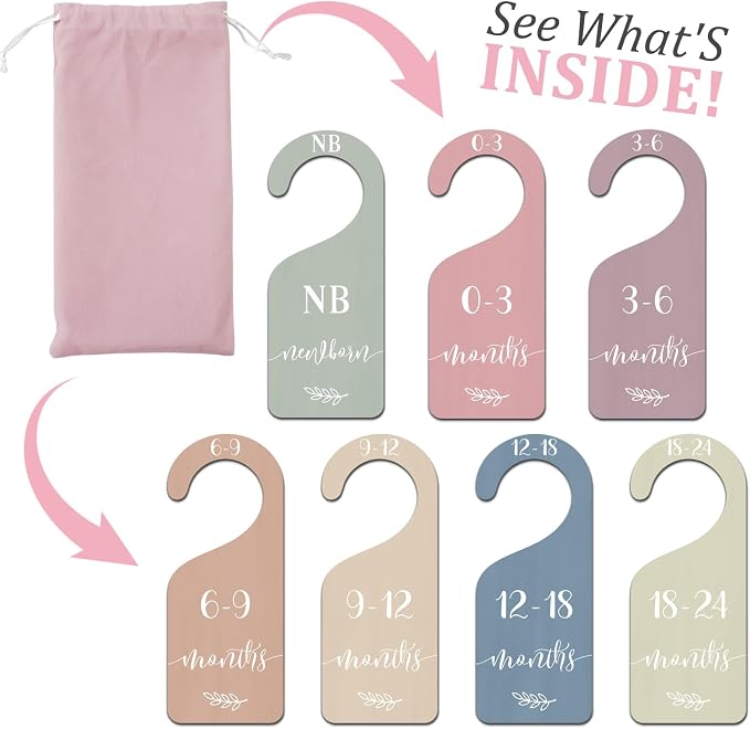 Whaline 7 Pcs Boho Wooden Baby Closet Size Dividers with Pink Velvet Bag Newborn to 24 Month Thicken Infant Wardrobe Hanger Organizers for Home Nursery Party Gift Supplies
