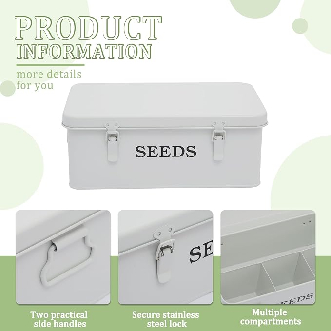 Seed Storage Organizer, 4 Compartment Seed Storage Box with Safety Lock, Metal Seed Box Seed Packet Container with 1 Pen, 12 Slots, 20 Plant Labels & 30 Seed Envelopes, White Gardening Gift
