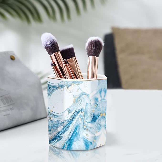 Pen Holder, Pencil Holder for Desk Marble Pattern Pencil Cup for Girls Kids Durable Ceramic Desk Organizer Makeup Brush Holder for Office, Classroom, Home, Blue Marble