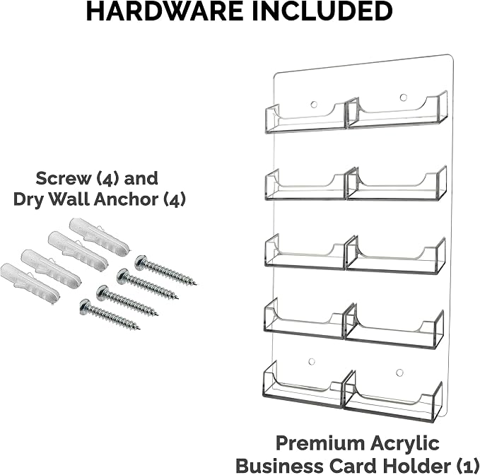 Marketing Holders Hanging Business Card Holder 10 Pocket with Hardware for 3.5" x 2" Contact Info Cards Multi Slot Space Saving Rack Wall Mount Organizer Clear Acrylic Display