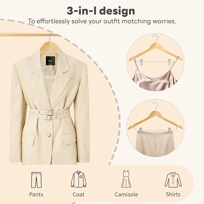 HOUSE DAY Wooden Hangers with Clips 48 Pack,Wooden Suit Hangers Skirt Hangers Solid Wood Pants Hangers Natural Smooth Finish Wood Hangers with Durable Metal Clips for Blouse, Dress, Coat, Jacket