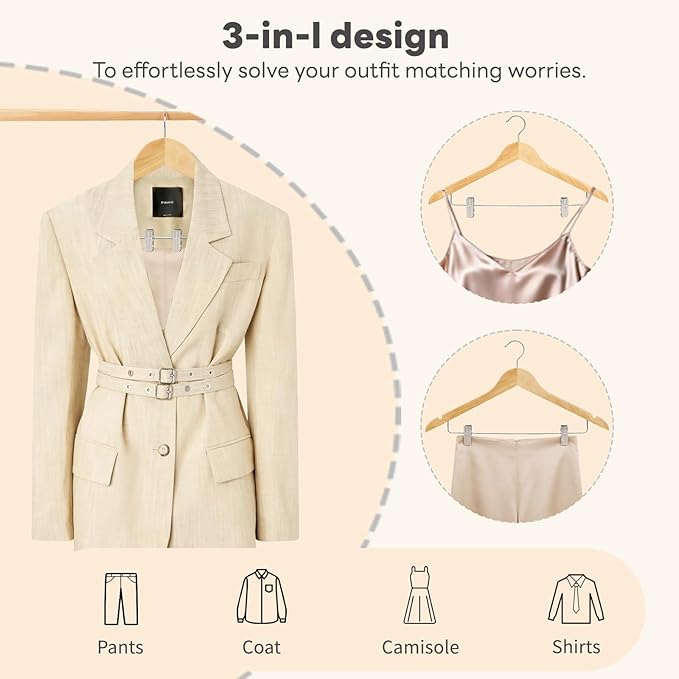 HOUSE DAY 12 Pack High-Grade Wooden Suit Hangers Skirt Hangers with Clips Solid Wood Pants Hanger Natural Smooth Finish Premium Wood Hanger with Durable Metal Clips for Blouse, Dress, Coat, Jacket