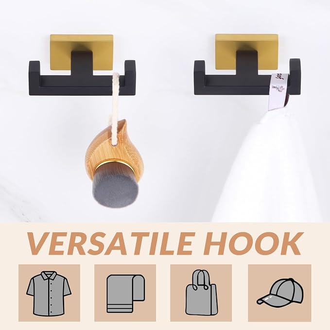 APLusee Double Bath Towel Hook 2 Pack, Solid Stainless Steel Square Dual Coat Holder, Modern Bathroom Kitchen Storage Hanger Wall Mounted, Black & Gold