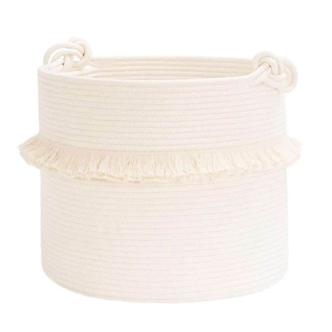 CherryNow Baby Laundry Basket, Cotton Rope Basket for Blankets & Toys, 45L | Compact Storage Basket for Organizing Bbay Clothes & Toys, Decorative Basket with Tassels, Perfect for Nursery Décor, White