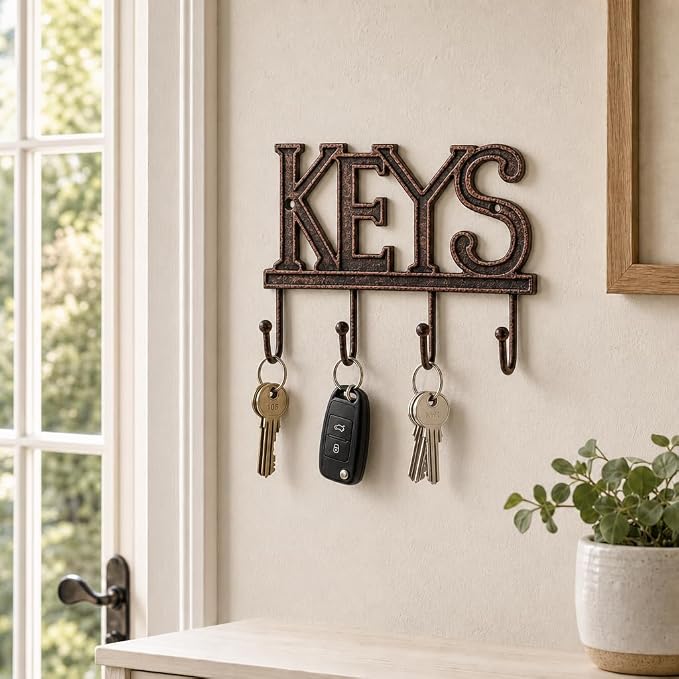 Comfify Copper-Black Cast Iron Key Holder for Wall – Keys Sign with 4 Hooks | Warm copper and black antique finish; mounting hardware included; entryway, hallway or door; 6"H x 8"L; holds 8 keychains