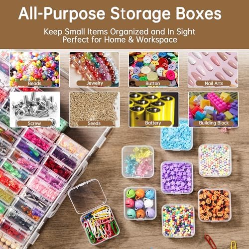 Bead Organizer Box, 120 Pack Small Clear Storage Boxes with Labels, Large Travel Craft Case with Handle, Mini Plastic Co
