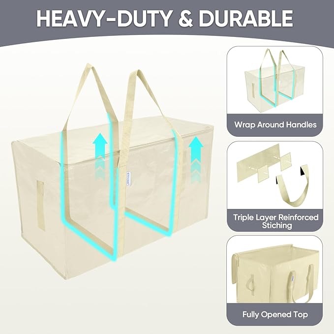 TICONN 6 Pack Extra Large Moving Bags Heavy Duty with Zippers & Carrying Handles, Durable Storage Bags Moving Boxes for Closet Organizers and Storage (6 Pack, Cream)