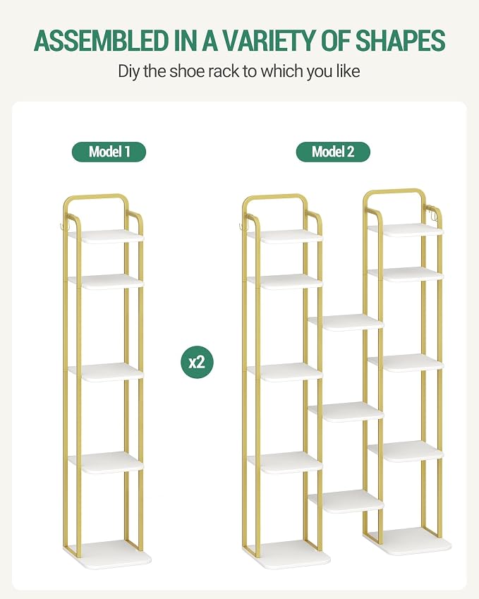 Hzuaneri 8 Tiers Vertical Shoe Rack, Narrow Shoe Tower, Tall Shoes Shelf with 2 Hooks, Adjustable Shelves, Corner Shoes Shelves for Small Spaces, Entryway, Living Room, White Gold SR04313A