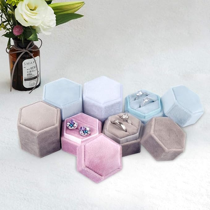 DesignSter Velvet Ring Box Hexagon - Premium Gorgeous Vintage Double Ring Display Holder with Detachable Lid for Proposal, Engagement, Wedding, Ceremony (Gray)