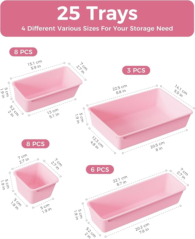 BiuLeon 25 PCS Plastic Drawer Organizers Set, 4-Sizes Vanity and Makeup Organizer, Desk and bathroom Drawer Organizer Trays, Organizers and Storage for Makeup, Jewelry, Gadgets, Utensils (Pink)