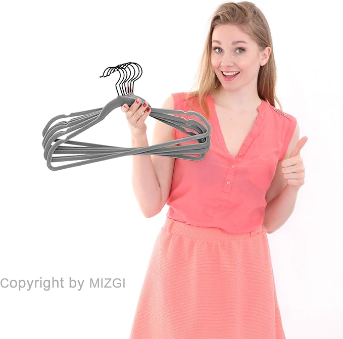 MIZGI Premium Velvet Hangers (50 Pack) Heavy Duty - Non Slip Felt - Gray Suit Hangers With Black Coated Hooks - Space Saving Clothes