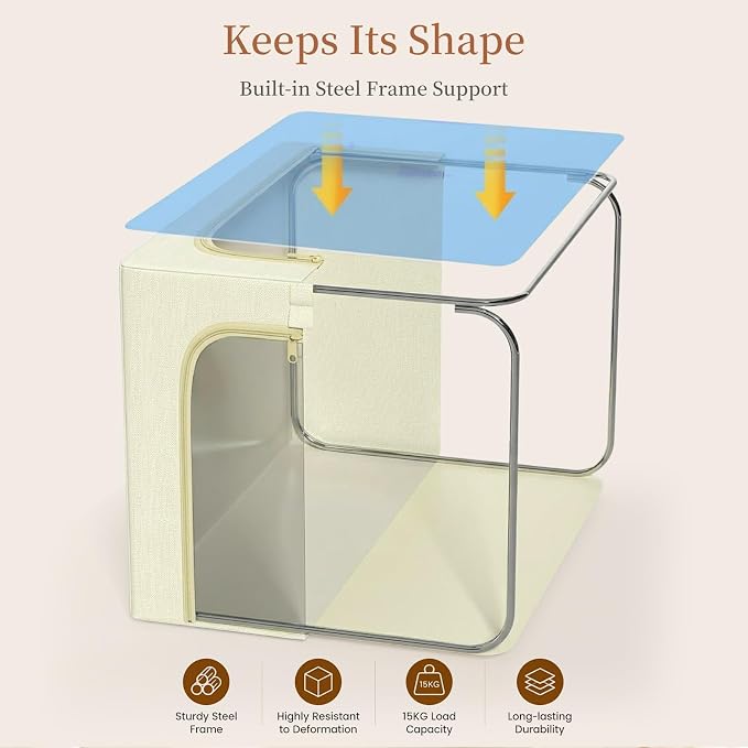 GoMaihe Clothes Storage Bins with Metal Frame, 40L Sweater Storage Boxes for Above Shelf Closet, 4 Pack Stackable Clothing Storage Organizer with Clear Window for Jeans Hoodies T-shirt – Beige