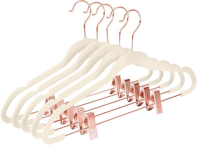 MIZGI Premium Velvet Pants Hangers with Clips (Pack of 20) - Slim Skirt Hangers - Non Slip Felt - Ivory - Copper/Rose Gold Hooks - Space Saving Shirt Clothes Hangers