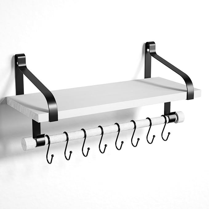 Love-KANKEI 17.3" Floating Wall Shelf Solid Wood/Bracket,Coffee Bar,White | Spice Rack,Towel Bar/8 Hooks,40 Lbs/shelf,Easy to Install,For Kitchen,Bathroom,Living Room,Bedroom,Office,Entryway Display