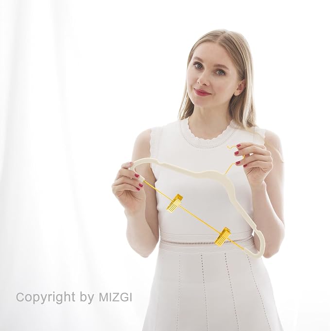 MIZGI Premium Velvet Pants Hangers with Adjustable Clips (Pack of 30) Slim Skirt Hangers- Non Slip Felt Outfit Dress Hangers Ivory - Gold Hooks,Space Saving Shirt Clothes Hangers
