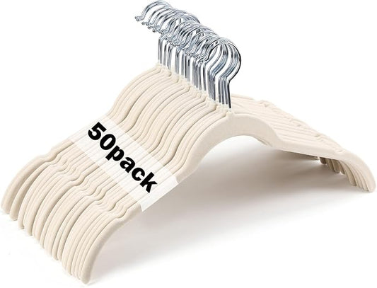 DoubleFill 50 Pack Velvet Hangers Non-Slip Shirt Clothes Hangers 360° Swivel Hook Slim Flocked Coat Hanger Heavy Duty Space Saving Felt Hanger for Women Men Pants Jackets Dress(Ivory White)