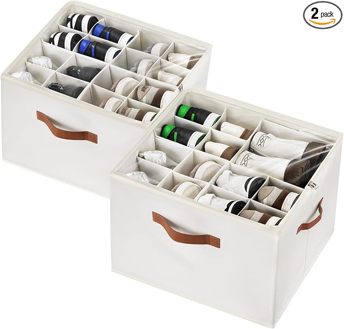 VZZNN 2 Pack Shoe Organizer for Closet, Foldable Shoe Storage Bins with Clear Cover and Adjustable Dividers, Fits up to 16 Pairs, Large Shoe Box Storage Containers with Reinforced Handles (Beige)