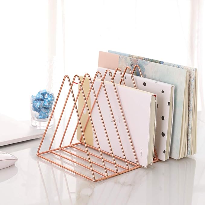 Sooyee 9 Slot Metal Record Holder Storage, Rose Gold | Magazine Holder, Book Album Display Rack, Desktop File Sorter Organizer, Triangle Bookshelf Decor for Home Office