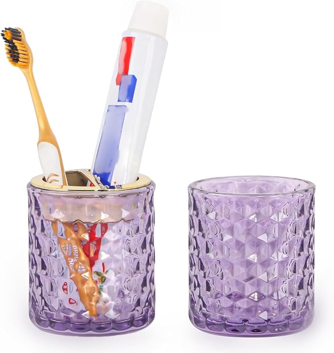 2pcs Purple Toothbrush Holders for Bathrooms, Glass Toothbrush Holder and Bathroom Tumbler Set, Gold Tooth Brush Cup Holder, Bathroom Counter Organizer for Brushes, Toothpaste