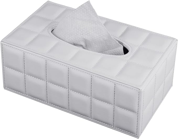 Tissue Box Cover Rectangle Tissue Box Holder PU Leather Facial Organizer with Magnetic Bottom,Decorative Napkin Caddy for Vanity Dresser Night Stand Table Countertop Home Office Car,White
