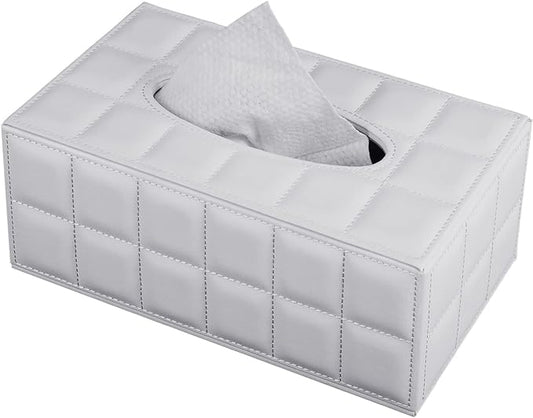Tissue Box Cover Rectangle Tissue Box Holder PU Leather Facial Organizer with Magnetic Bottom,Decorative Napkin Caddy for Vanity Dresser Night Stand Table Countertop Home Office Car,White