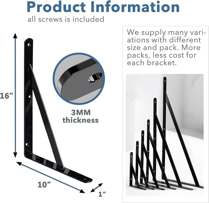 Shelf Brackets 6 Pack 16 inch Heavy Duty Metal L Brackets for Shelf 16"x10" Black Iron Wall Mount Screw Included