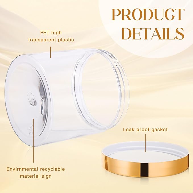 SATINIOR 12 Pack 16 oz Plastic Container Jars with Lids Round Clear Travel Cosmetic Container Slime Jars for Toiletries, Lotion, Cream, Ointments, Makeup, Rhinestone, Samples, Kitchen Storage(Gold)