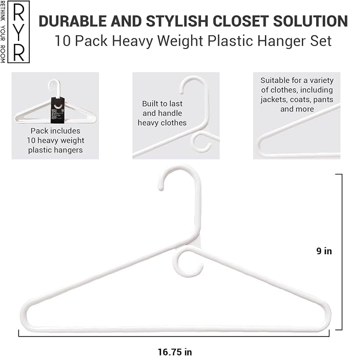 Clothes Hangers 10 Pack Plastic - Heavy Duty Space Saving Coat, Pant Hangers for Closet Organization - Durable Non-Slip, White Wardrobe Essentials Bulk Storage