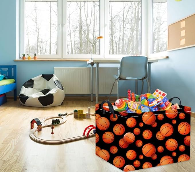 Rectangular Basketball Kids Gift Bin Organizer Shelf Book Room Decor (Black Basketball)