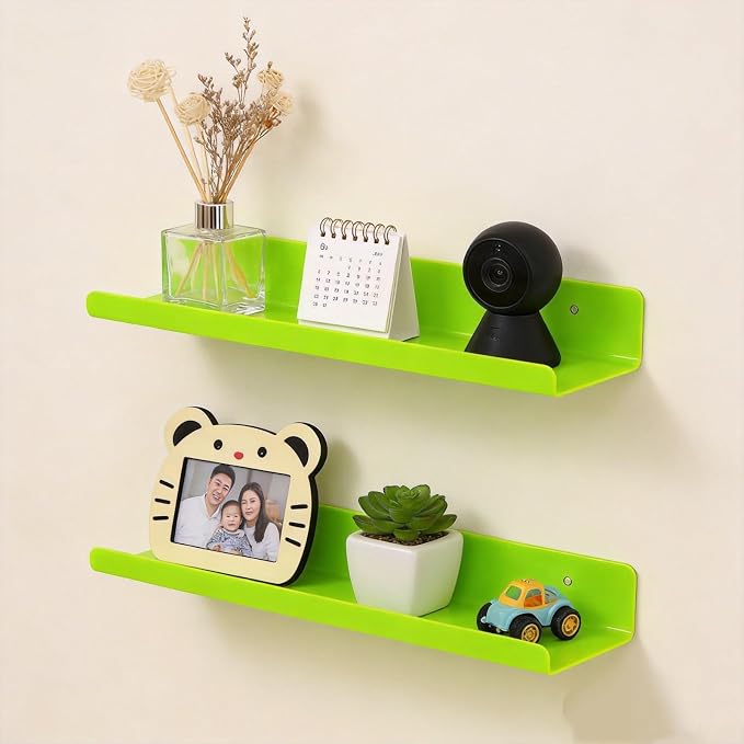 ROYALITA 2-Pack Acrylic Shelves Wall Mounted, 17 Inch Display Shelves | for Small Items Plants Organize Wall Shelves for Gaming Room, Bedroom, Living Room, Office, Green