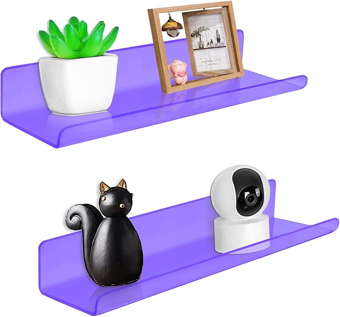 ROYALITA 2-Pack Small Acrylic Shelves Wall Mounted, 12 in Display Shelves | for Small Items, Plants, Room Decor Floating Wall Shelves for Gaming Room, Bedroom, Living Room, Office, Purple