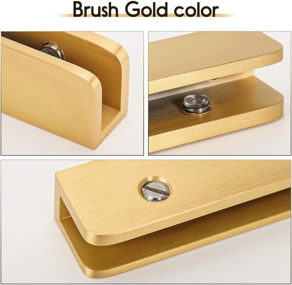 LukLoy Solid Brass Glass Shelf Bracket with 3 Screw Holes, Adjustable Glass Clip for 6mm-10mm Glass (Brush Gold, Pack of