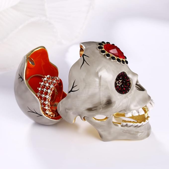 Hand Painted Animal Trinket Box for Home Decor, Hinged Jewelry Organizer Storage, Unique Personalized Collectible Keepsake Figurine Handmade Decorative Ornament Gifts (Skull Head)