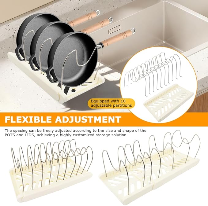 Pots and Pans Organizer for under Cabinet, Expandable Pot Lid Holder with 10 Adjustable Compartment, Pan Organizers inside Cabinet for Lids, Bakeware, Cutting Boards(COLOR:White)