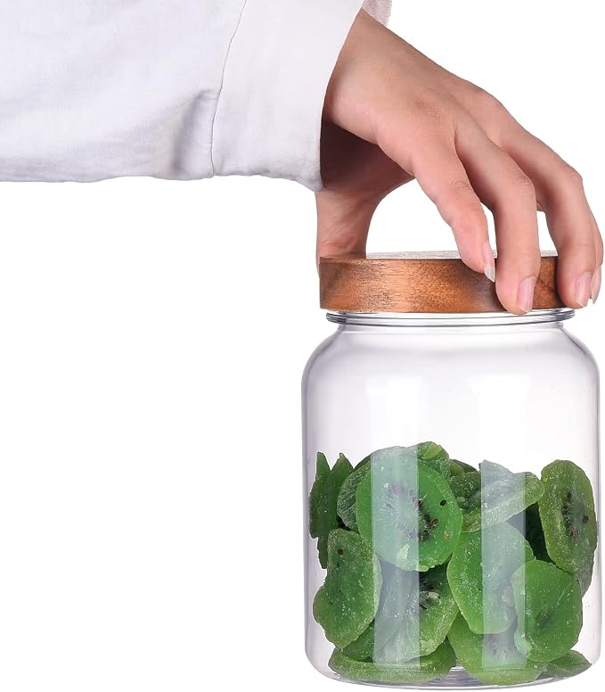 YUEJUM 42 Fluid Ounces Unbreakable & Dishwasher Safe Plastic Apothecary Jar with Wooden Airtight Screw Top Lid, Food Storage Canister for Sugar, Tea, Spices, Coffee, Cookie, Candy Containers