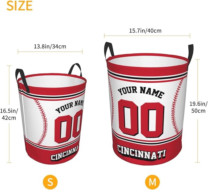 Custom Cincinnati Laundry Hamper Personalized Laundry Basket Customized Name And Number Collapsible Storage Basket for Bedroom Bathroom Living Room Baseball Fan Gifts