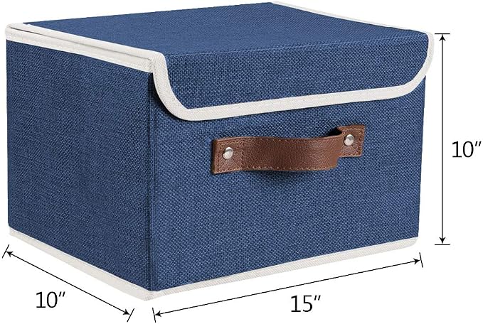 2Pack Storage Bins Boxes with Lids 15"x10"x10" Decorative Storage Baskets | Cotton Linen Fabric, Collapsible, Faux Leather Handles, Storage Cubes, Closet Shelf Clothes Organizer Container, Blue