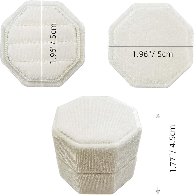 Velvet Ring Box 3 Slots - Octagonal Premium Rings Holder Handmade Ring Bearer Jewelry Storage Organizer for Wedding Ceremony, Christmas, Photography Prop (Ivory)
