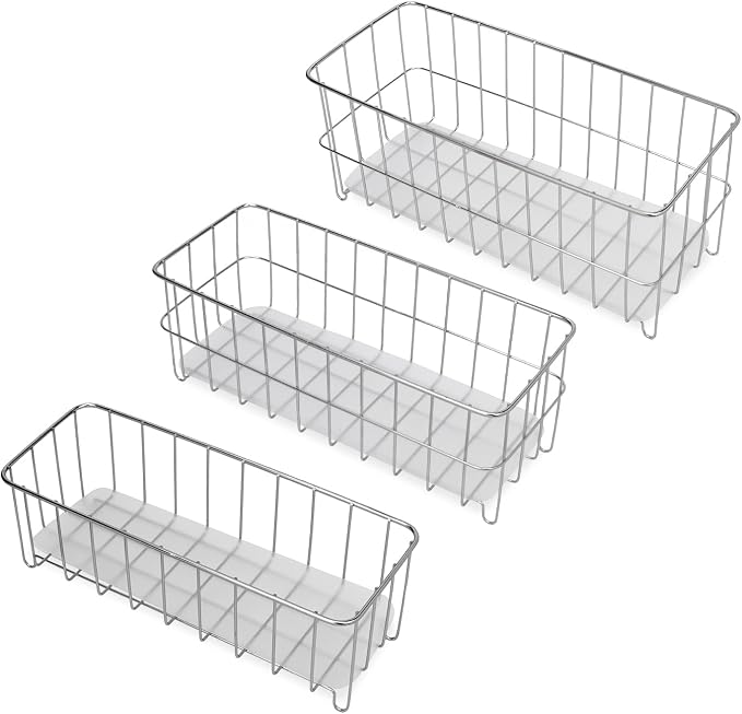 HANZE [Set of 3] Small Metal Wire Storage Organizer Basket Bins, Baskets for Household Purposes - Silver