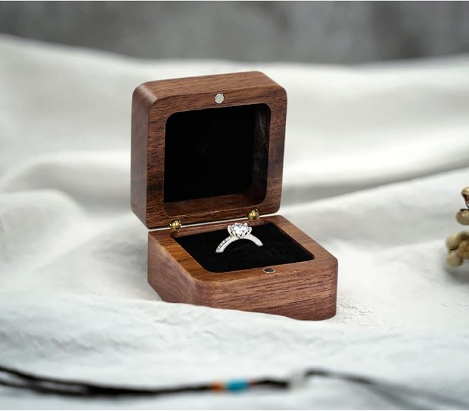 Personalized Wooden Ring Box, Mini Engagement Ring Holder Box with Single Slot, Square Wedding Rings Box for Rings, Elegant and Retro RingHolder Box for Wedding, Ceremony (black)