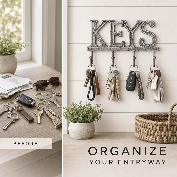 Comfify Gray Cast Iron Key Holder for Wall – Keys Sign with 4 Hooks | Neutral gray versatile finish; mounting hardware included; entryway, hallway or door; 6"H x 8"L; holds 8 keychains