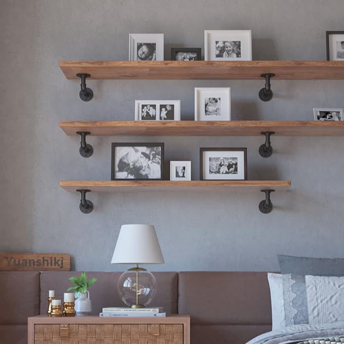 Yuanshikj (10Pc, 3.9"x5.9" Industrial Pipe Shelf Brackets for 6 8 10 12 inches Board, Iron L Pipe Floating Shelf Bracket Heavy Duty Metal Shelving Brackets for Shelves