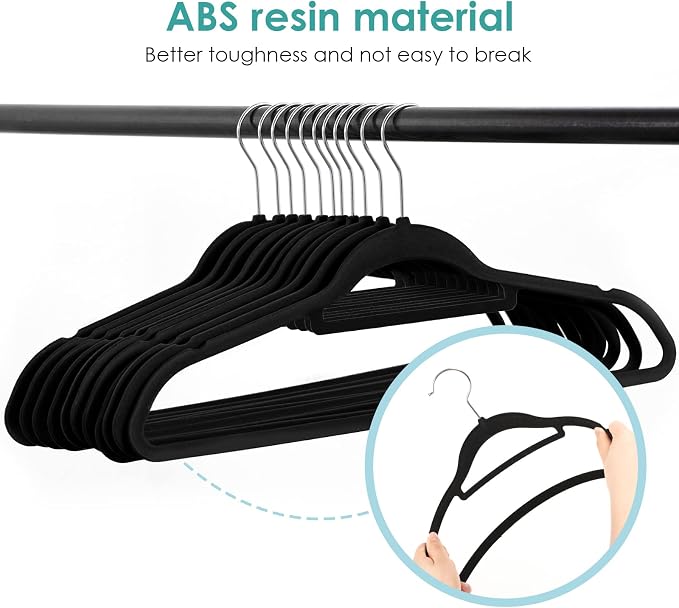 DUDUCOFU Velvet Hangers Non Slip Felt Hangers, 50 Pack Black Velvet Clothes Hangers Space Saving Slim with 360 Degree Swivel Hook for Suits Coats, Jackets, Pants, and Dress Clothes