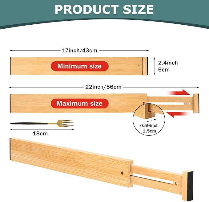 Lzerking Kitchen Drawer Dividers 4 Pack, Adjustable Bamboo Drawer Organizer, 17-22" Expandable Utensil Organizer for Kitchen, Dresser, Closet, Bedroom, Bathroom